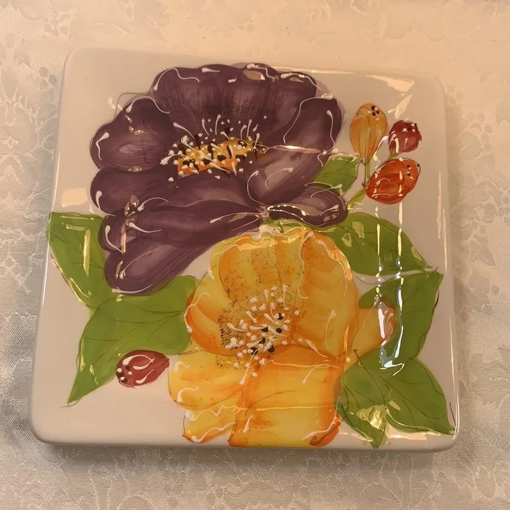Laurie Gates California Decorator Ceramic Plates Set 2 Embossed Floral Design
